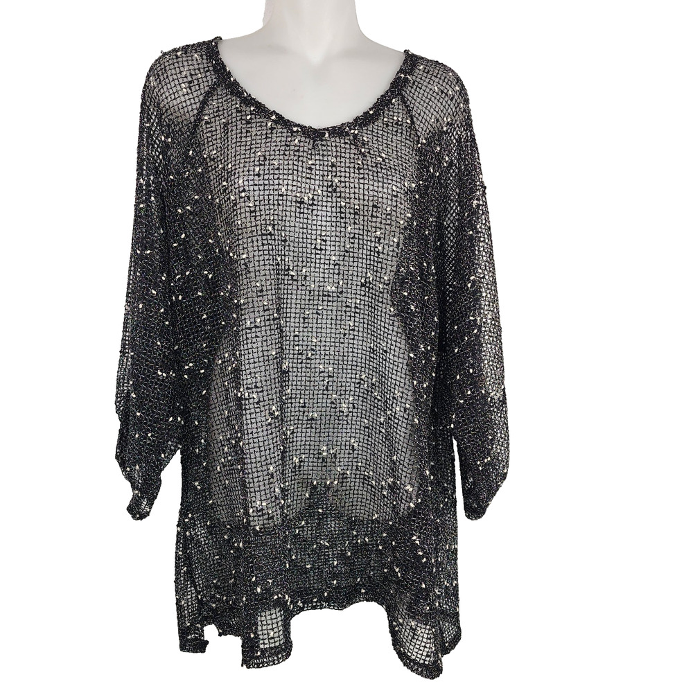 Frazzle Womens Knit Mesh Tunic Top Black White Sheer Y2K Whimsical Tab Sleeve XL